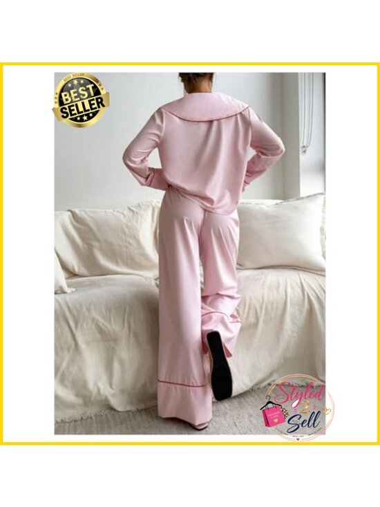 Other - 2 Piece Pajama Set Bow Tie Front Long Sleeve Top Wide Leg Pants Sleepwear